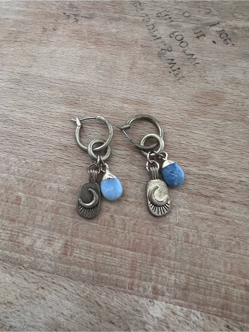 Moon Charm Hoop Earrings with Light Blue Stone